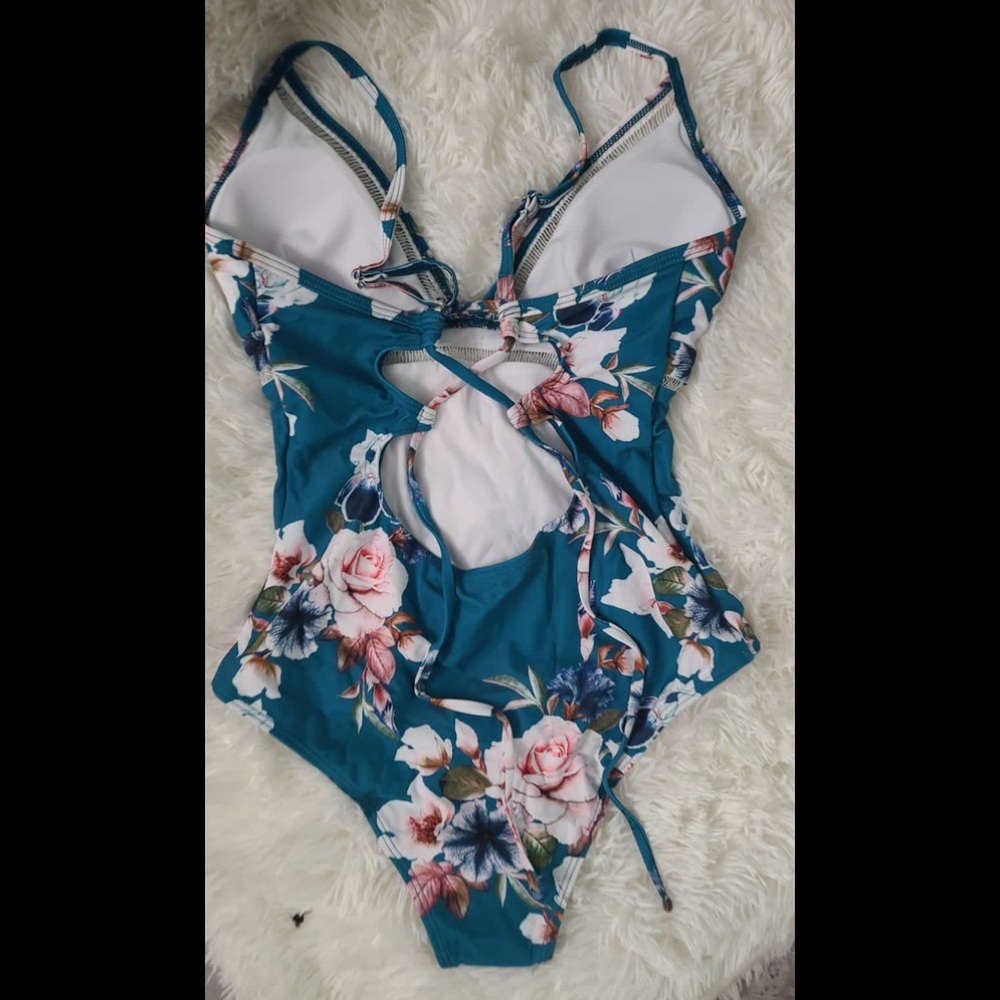 V-neck lace up monokini green floral monokini bathing suit beach wear#53 - Picture 4 of 6